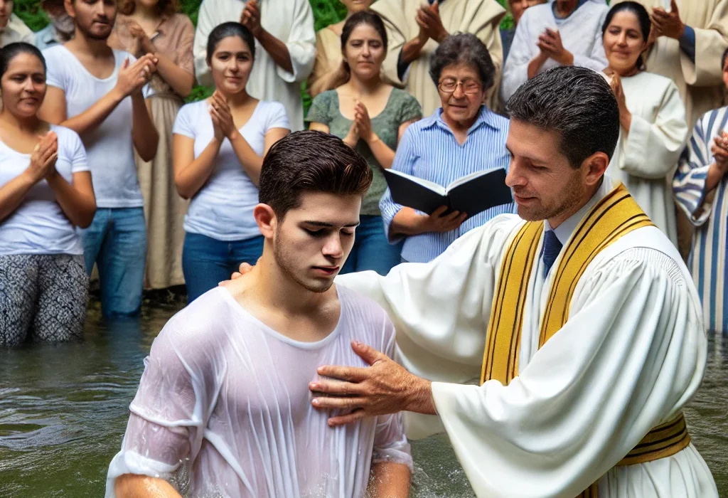 Realizando un bautismo en el nombre de Jesus.